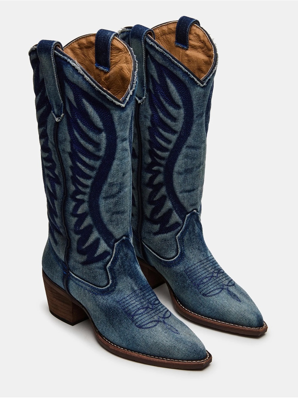 Steve Madden Albany Denim Fabric Blue Embroidered Western Cowboy Boots